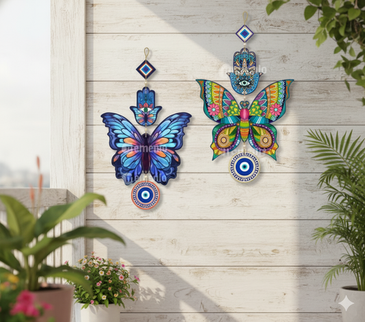 New Trending Evil Eye Tow Butterfly with Multi Colours (2 Pcs) – Stylish Wall Hanging for Home Decor in Living Room & Bedroom | Evil Eye Wall Hanging | Butterfly Wall Decor | Multi-Coloured Wall Hanging