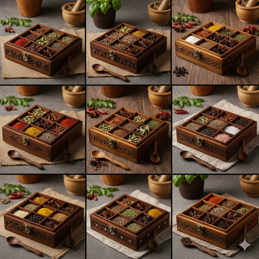 SHEESHAM WOOD 9 CONTAINER SPICE BOX