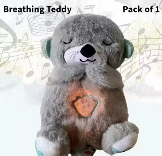Breathing Soft Teddy Bear Plush Sound Machine Baby Gift with Music, Lights & Breathing Motion Infant Toys for Newborns, Heart Beat Stuffed Animal Plush Cute Teddy Bear - Grey